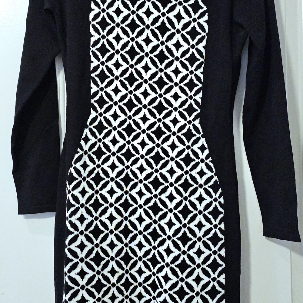 Allison Brittney Black Stretch Sweater Dress with White Pattern